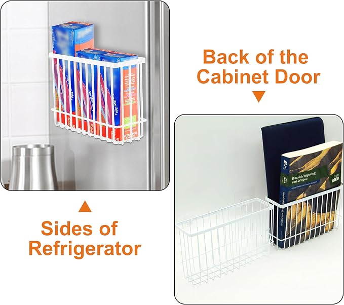 2 Pack Cabinet Door Organizer, Foil and Plastic Wrap Organizer, Wall Mounted Kitchen Organizers and Storage Wire Basket, Pantry Door Storage Kitchen Wrap, White