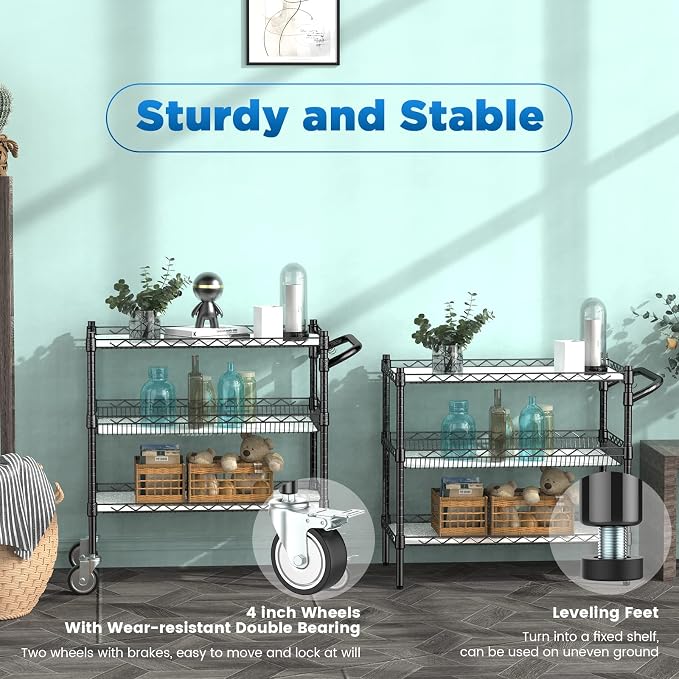 Leteuke 3 Tier Rolling Carts with Wheels, Heavy Duty Rolling Utility Cart,NSF Commercial Grade Metal Cart with Handle&Shelf Liner,Trolley Serving Cart for Kitchen,Restaurant,Plant Display,Black