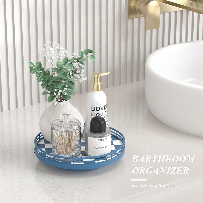 Premium Rubber Wood Lazy Susan Turntable, Blue White Checkerboard Decorative Serving Tray, Hand-Welded Metal Railing, Stable Rotating Organizer for Dining Table, Kitchen Counter, Coffee Table Decor