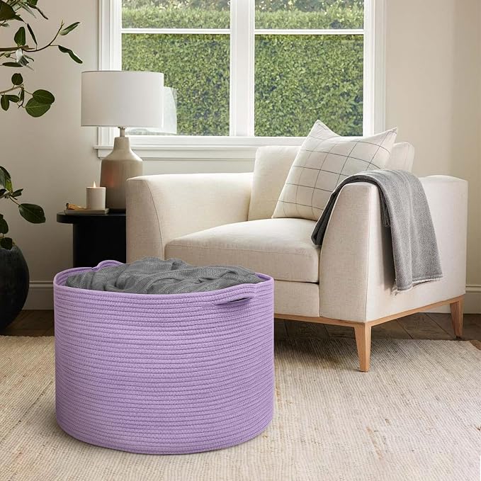 MEGASKET 115L Extra Large Purple Storage Basket, 23.6" X 15.7" Jumbo Woven Cotton Rope Bin for Throw Blankets Pillows, Baby Laundry Basket, Dirty Clothes Organizer, Big Storage Box for Toys, Towels