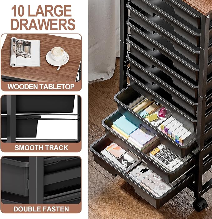 SYKIARIOL Rolling Cart with Drawers,10 Drawer Rolling Cart,Storage Cart,Utility Cart,Teacher Cart for Classroom Storage,Craft Cart with Wheels and Wooden Tabletop,Black