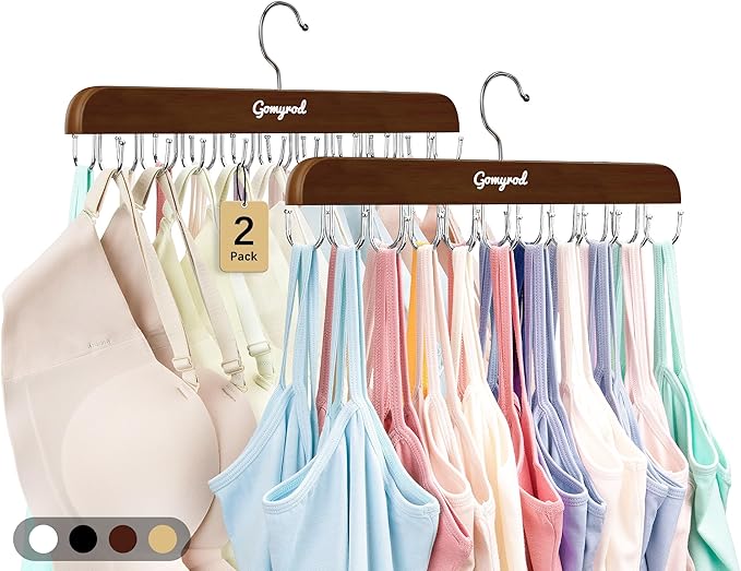 Gomyrod Bra Hanger for Closet, 2 Pack Tank Top Hangers w/20 Hooks Holds 40 Bras, Capacity Foldable Wood Space Saving Hanger, 360°Rotating Closet Organizers and Storage for Dorm & Apartment（Brown）