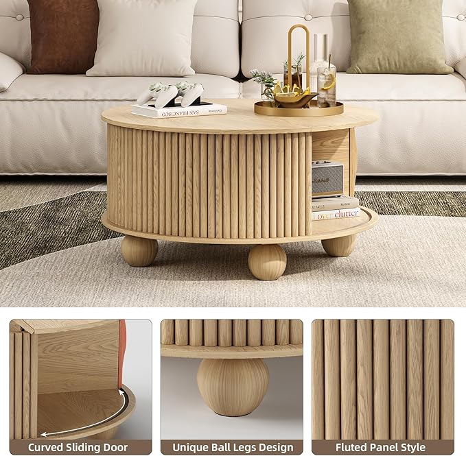 JOINICE Round Coffee Table with Storage, 31.5" Natural Oak Fluted Drum Center Table, Scandi Japandi Wood Circle Table with Sliding Door & Bun Feet for Living Room