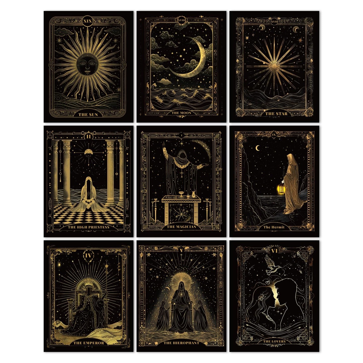 CRAFTYMELODY Tarot Wall Art Prints Set of 9 Gold Black Tarot Theme Poster Wall Decor Home Artworks for Gallery Living Dining Room Bedroom Bathroom Home Decoration 8x10 Inch Unframed