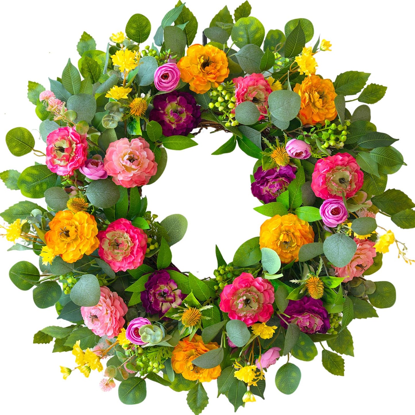 CHvista Spring Wreaths for Front Door 24 Inch Outdoor Spring Wreath with Peony Rose Ranunculus & Eucalyptus,Handmade Silk Summer Wreaths for Front Door,Spring Door Wreath for Porch Home Wall Window