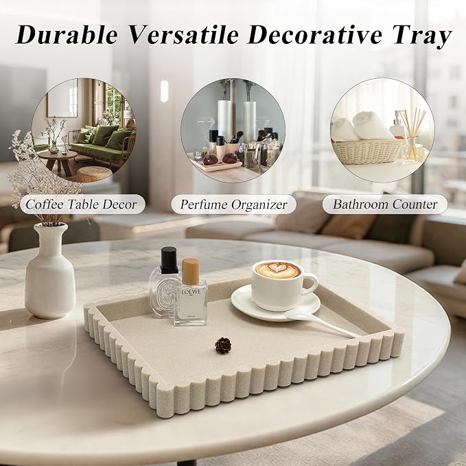 YMXYJM-Scalloped Coffee Table Tray，Ottoman Tray for Modern Home Decor. 14" Decorative Tray for Entryway Table Decor, Living Room Table Decor, Coffee Table Centerpiece - Beige Resin