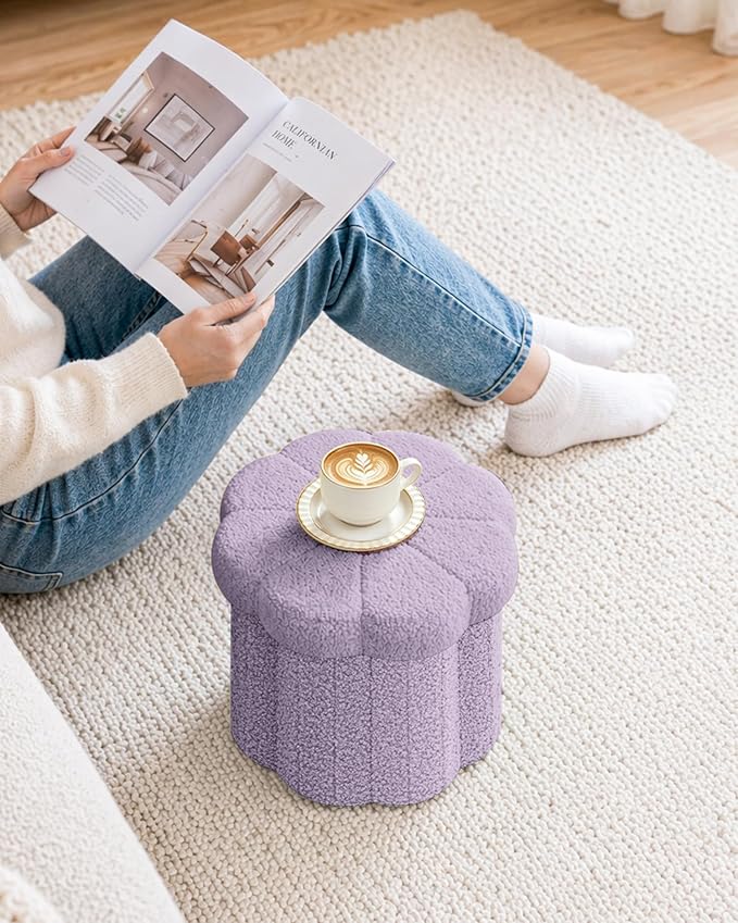B FSOBEIIALEO Storage Ottoman Foldable, Sunflower Shaped Small Footrest Collapsible Folding Seat Bench for Bedroom Living Room Entryway, Faux Teddy Fur, Purple 12.6"x12.6"x11.4"