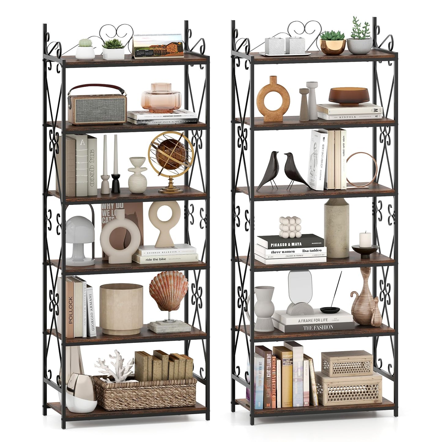 GOFLAME 6-Tier Tall Bookshelf, 71.5” Classic Bookcase with Open Shelves, Metal Frame, Plant Stand, Industrial Display Rack Shelving Unit for Home Office, Living Room, Rustic Brown & Black (2)