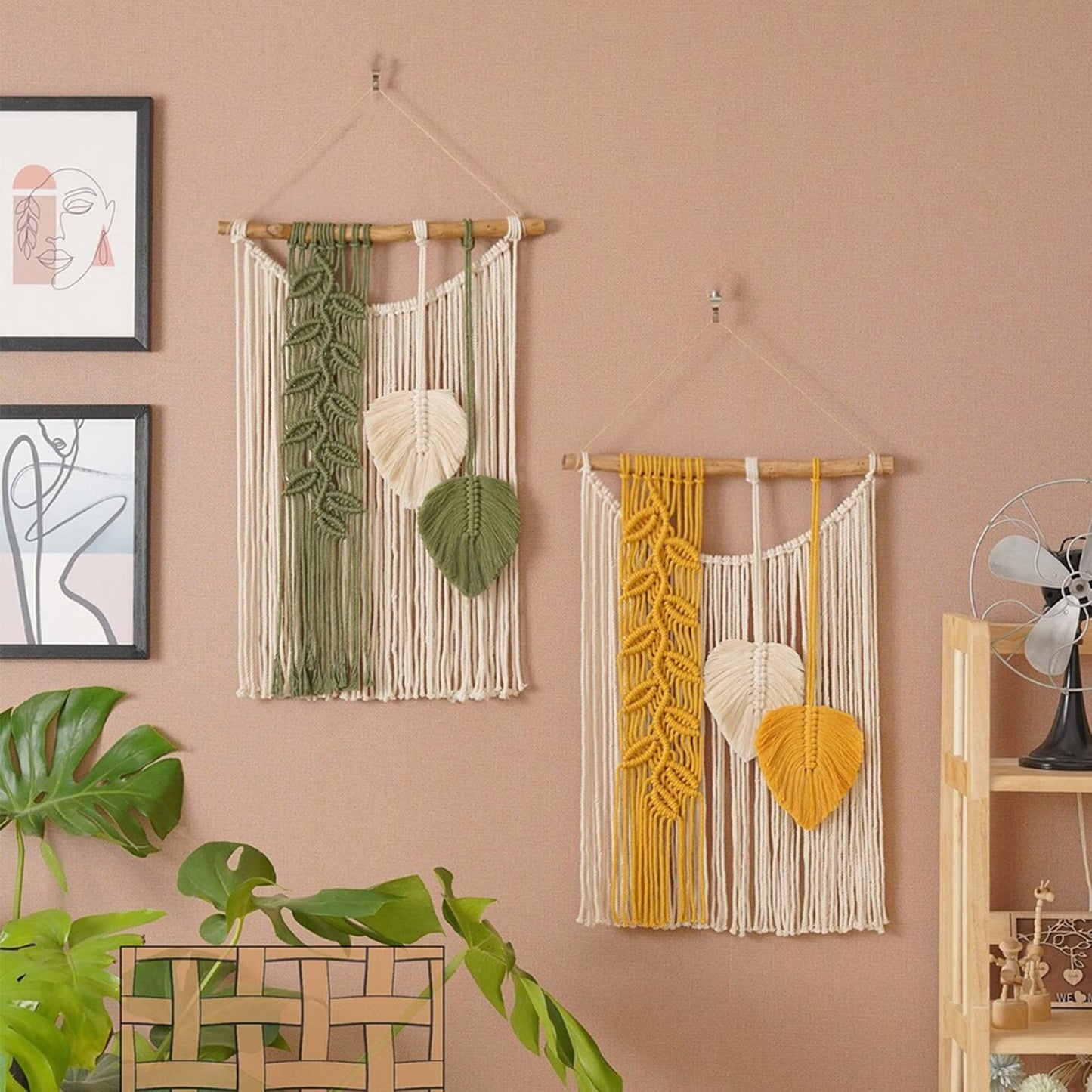 TITA-DONG Macrame Wall Hanging, Boho Woven Leaf Tassels, Modern Art for Bedroom Living Room Decor, Green Yellow(Green)