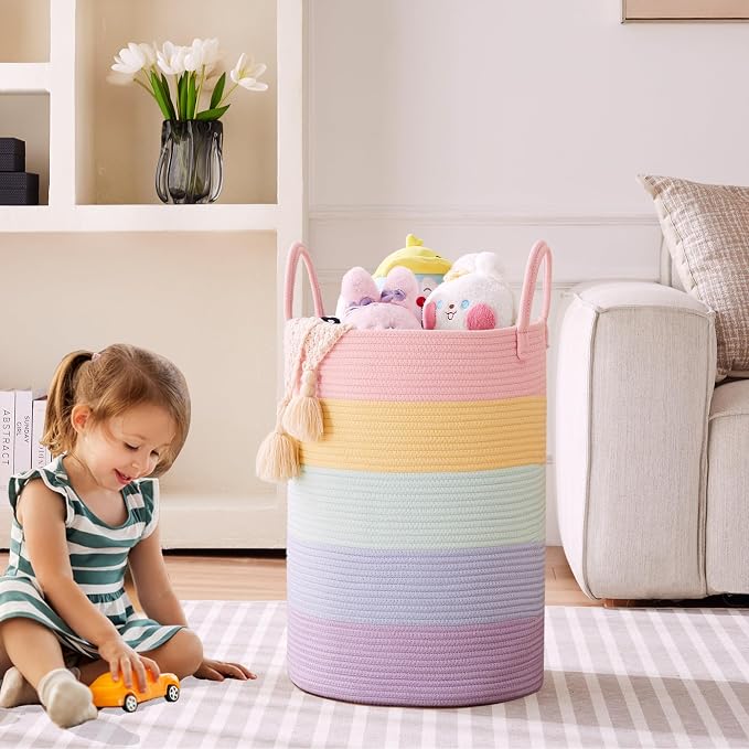80L Extra Large Rainbow Laundry Hamper for Baby Girls Clothes Tall Woven Laundry Basket for Kids Nursery Toy in Playroom Blanket Basket for Living Room Bedroom 16"D x 22"H Pastel Unicorn
