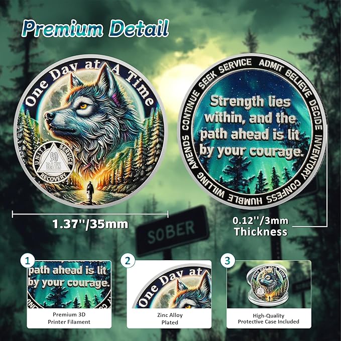 One Day at a Time 90 Day Sobriety Coin - Recovery Aurora Forest Wolf AA Coins - Addiction NA AA Chips and Medallions - Celebrate 1-30 Living Clean Sober Alcoholics Anonymous Gifts for Men Women