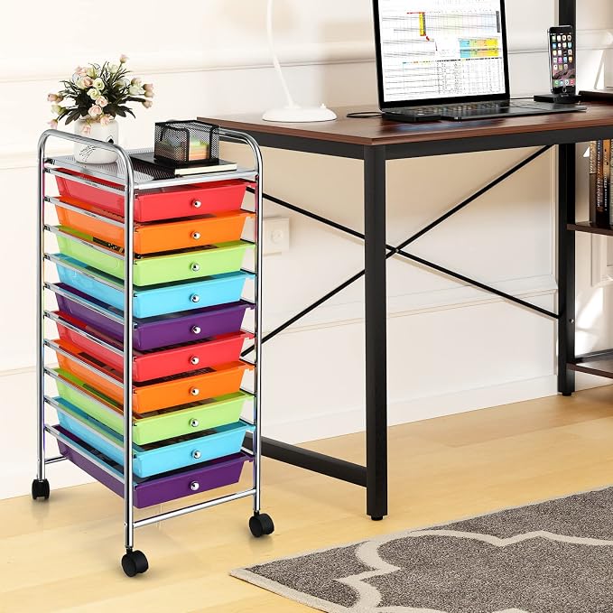 COSTWAY 10-Drawer Rolling Storage Cart, Utility Mobile Trolley with Removable Drawers & Universal Casters & 2 Brakes, Versatile Flexible Drawer Organizer Cart for Home, Office (Multi-Colored)