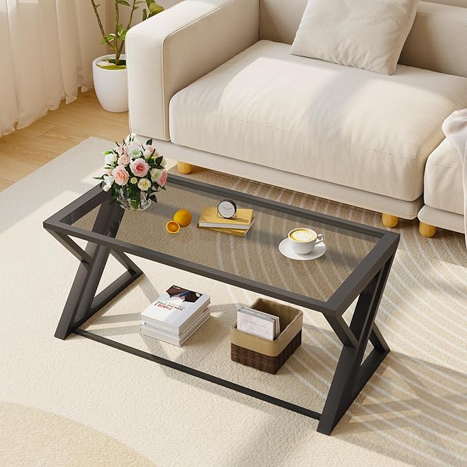 Wolawu Coffee Table Grey Glass Coffee Table for Living Room,Modern Rectangular Center Table with Sturdy Metal Frame,Tempered Glass Tables for Bedroom Home Office