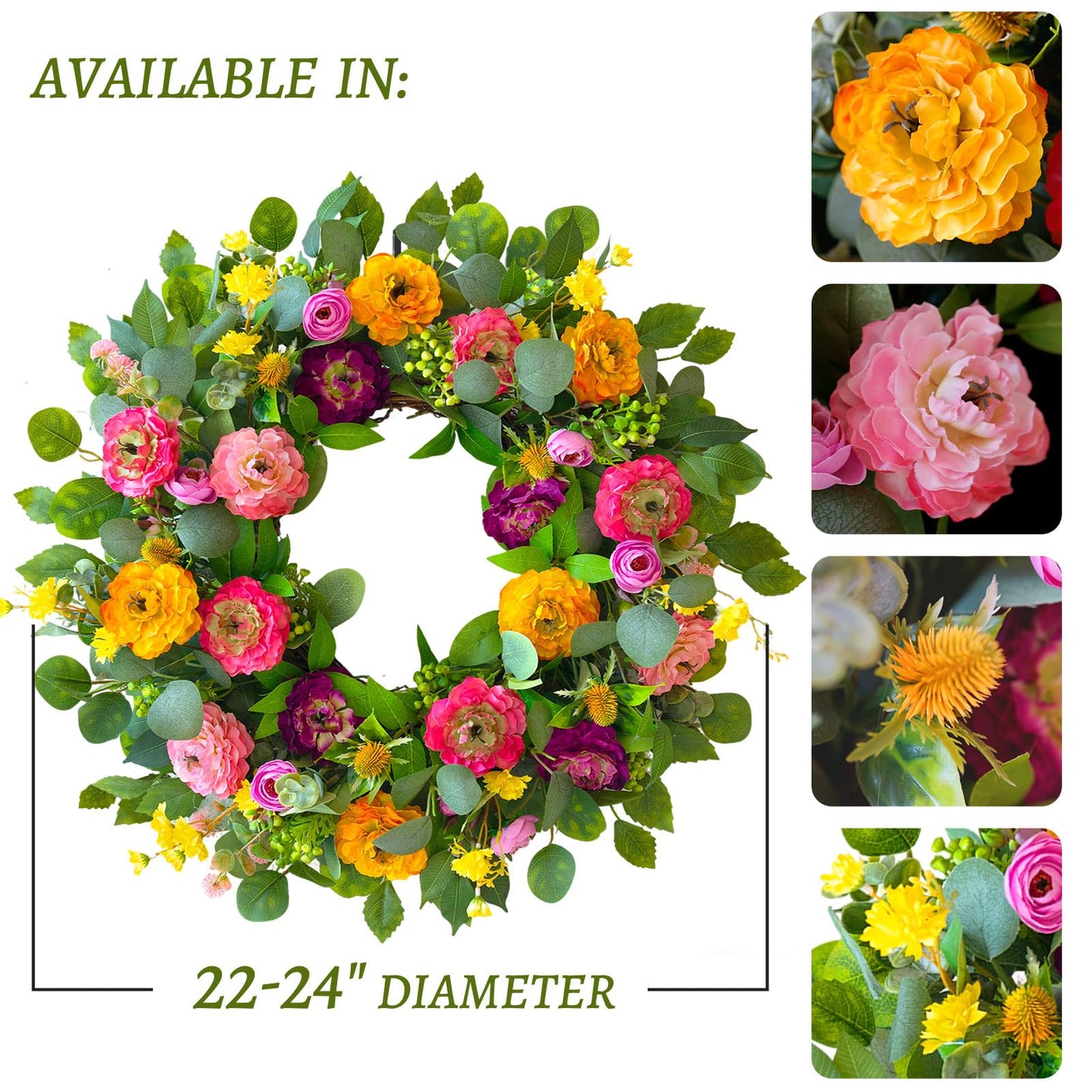 CHvista Spring Wreaths for Front Door 24 Inch Outdoor Spring Wreath with Peony Rose Ranunculus & Eucalyptus,Handmade Silk Summer Wreaths for Front Door,Spring Door Wreath for Porch Home Wall Window