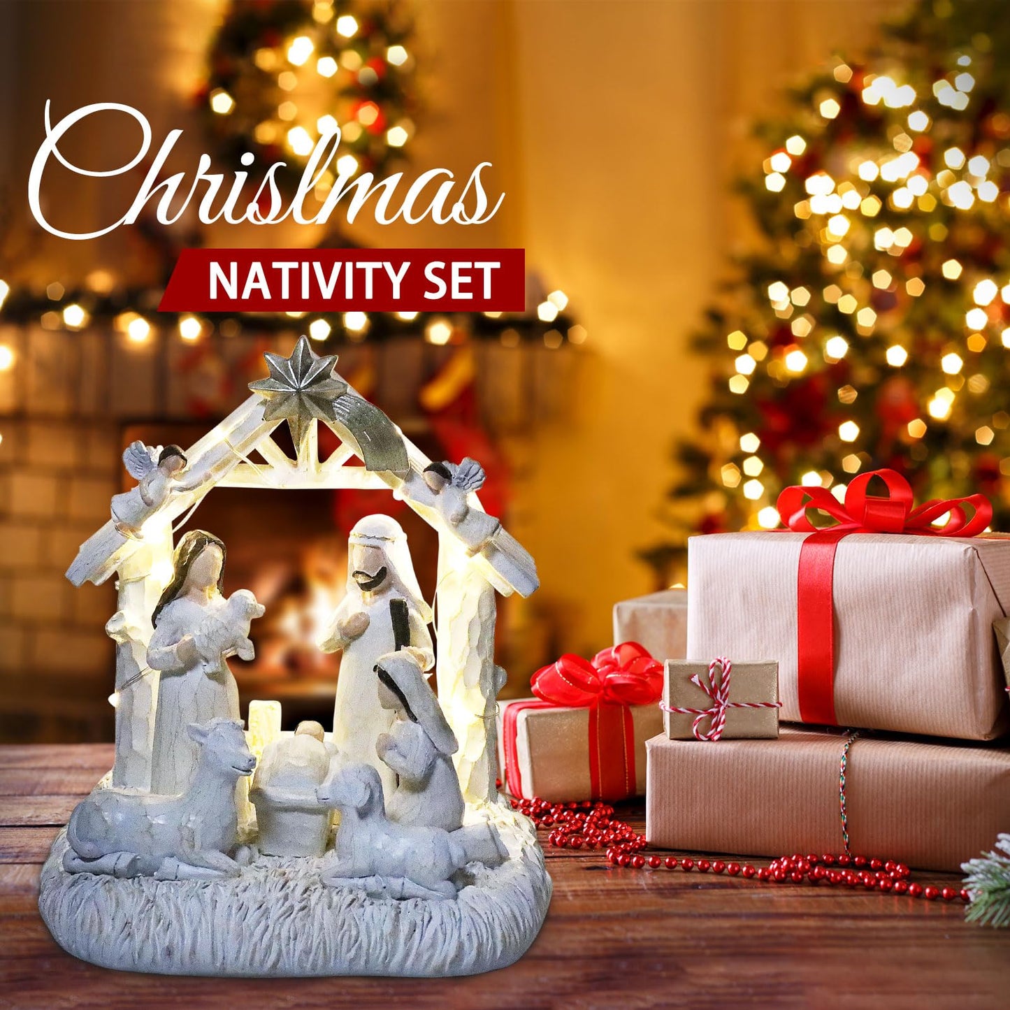 EBINGMIMA Nativity Set with LED Lights, Nativity Scene with Manger, Christmas Nativity Sets & Figures for Table Decoration