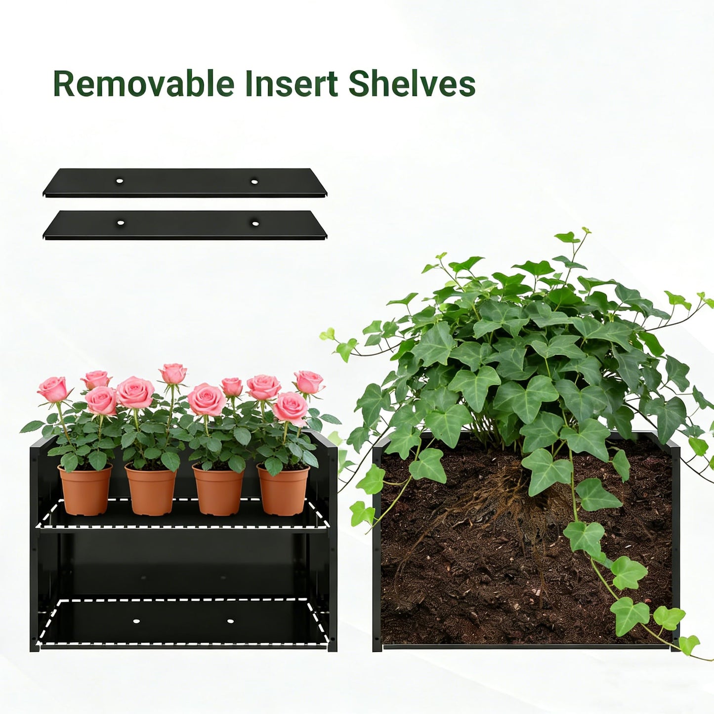 Pasirou 2-Piece Metal Planter Box with Trellis- 23.6in Depth Raised Garden Bed for Outdoor Indoor Use, Galvanized Steel Flower Planter with Drainage Holes