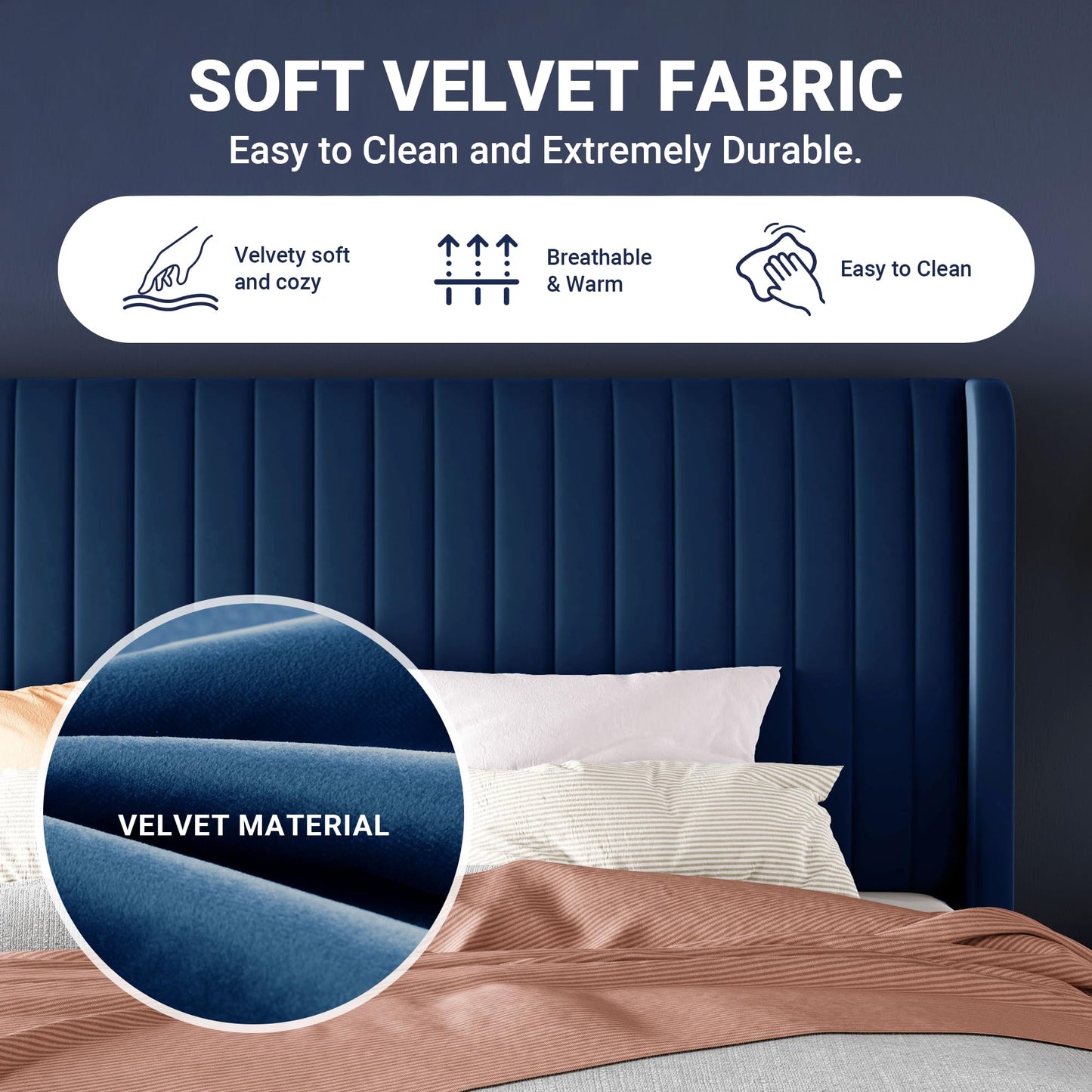 Allewie King Size Velvet Bed Frame/Vertical Channel Tufted Wingback Headboard/Upholstered Platform Bed/Strong Wooden Slats/No Box Spring Needed/Easy Assembly/Blue