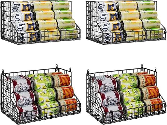 4 Pack Stackable Can Rack Organizer for Pantry Storage,Can Dispensers with 4 Adjustable Dividers, 2-Tier Metal Wire Basket Holds up to 84 Cans for Kitchen Cabinet Pantry, Black