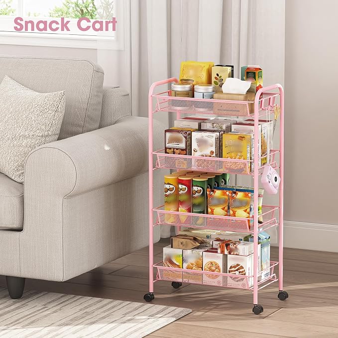 TOOLF 4 Tier Rolling Utility Cart - Durable Metal Design Pink Utility Cart, Storage Trolley on Wheels with 3 Hooks, Perfect for Kitchen, Bathroom & Laundry Room Organization