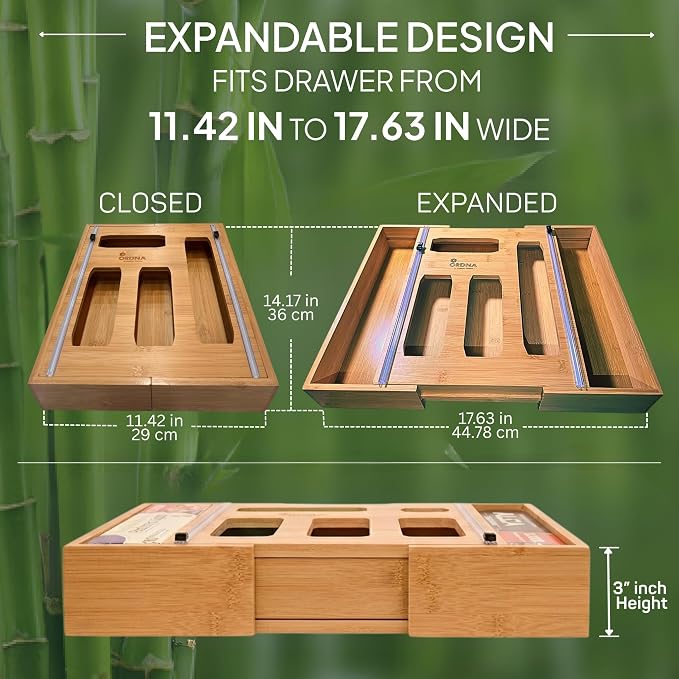 3" Slim 6-in-1 Expandable Storage Bag Organizer Kitchen Drawer - Bamboo Baggie Organizer for Drawer, Aluminum Foil & Saran Wrap Cutter, Plastic, Gallon, Quart & Sandwich Bags (11.5"-17.63" Wide)