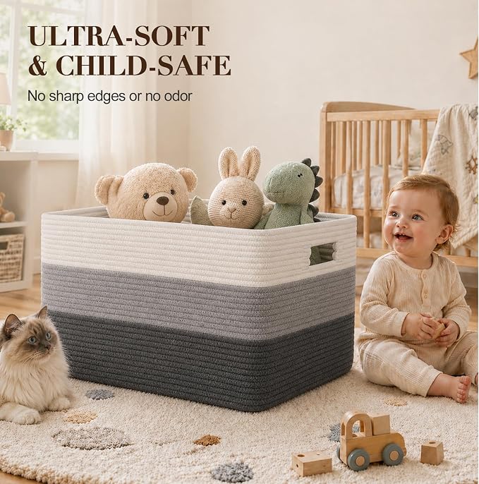 OIAHOMY Large Blanket Basket For Living Room, Rectangle Woven Baskets for Storage, Nursery Toy Storage With Handle-22”x17”x12”-Gradient Dark Grey