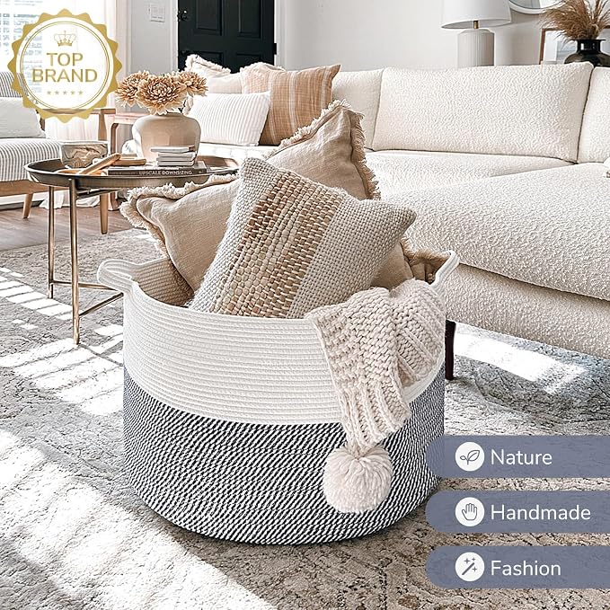 INDRESSME XXXLarge Cotton Rope Basket 21.7" x 21.7" x 13.8" Woven Baby Laundry Baskets Blanket Basket Toy Baskets with Handle Storage Comforter Cushions Navy Laundry Hamper