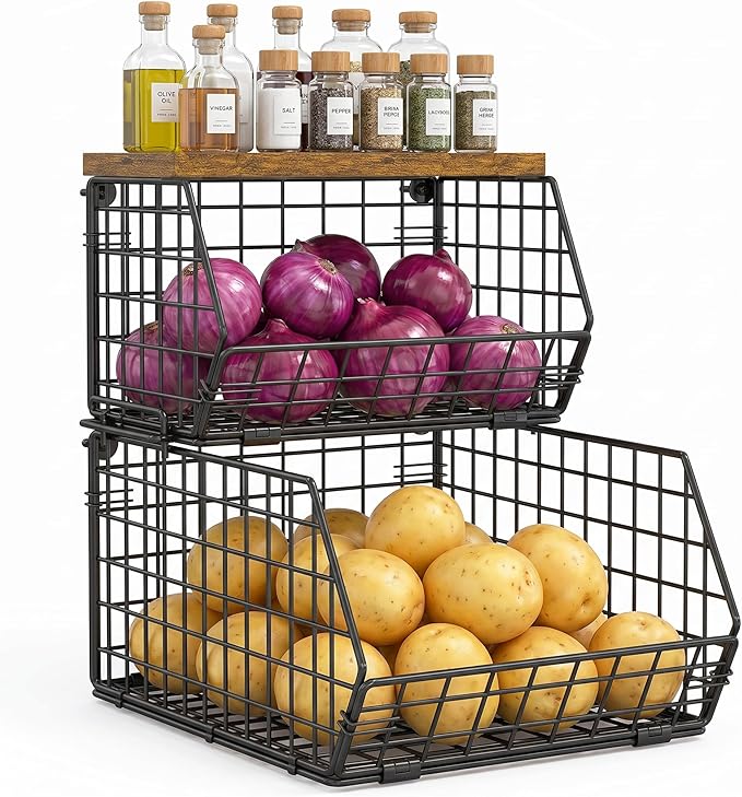 Stackable Fruit Basket for Kitchen Counter, 2 Tier Wire Baskets with Wooden Lid Top, Vegetable Storage Organizer Bins, Wall Mountable Pantry Baskets for Produce, Onion, Potato, Black