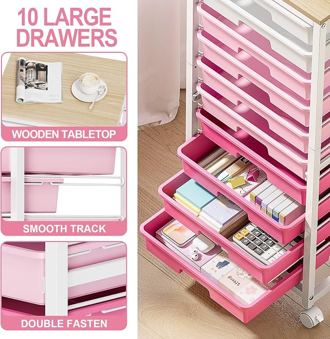SYKIARIOL Rolling Cart with Drawers,10 Drawer Rolling Cart,Storage Cart,Utility Cart,Teacher Cart for Classroom Storage,Craft Cart with Wheels and Wooden Tabletop,Pink