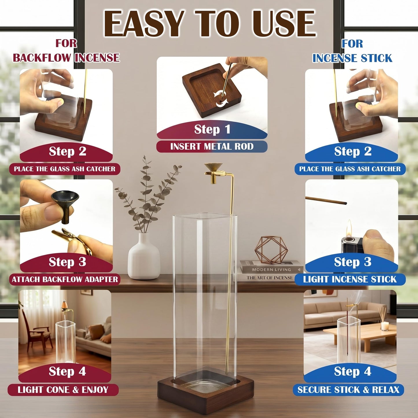 HZCPENG Glass Incense Holder, Hanging Incense Stick Burner with Ash Catcher, 2 in 1 Backflow Cone Holder on Wooden Base, Anti-Ash Zen Decor for Meditation, Yoga（Square）