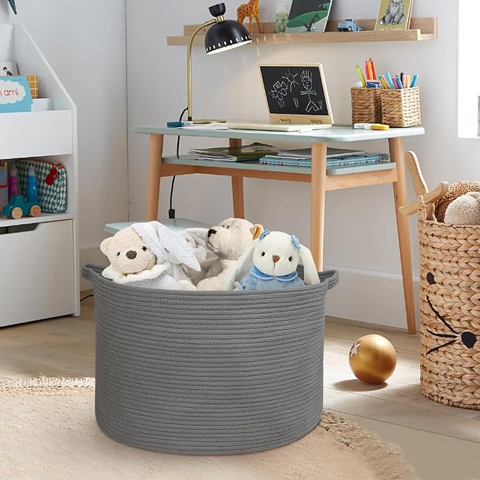 MEGASKET Large Dark Grey Storage Basket, Woven Cotton Rope Baskets for Storage, Big Blanket Organizer Storage Basket for Living Room, Kids Room Toy Storage Organizer Box, Blanket Keeper (22"x14")