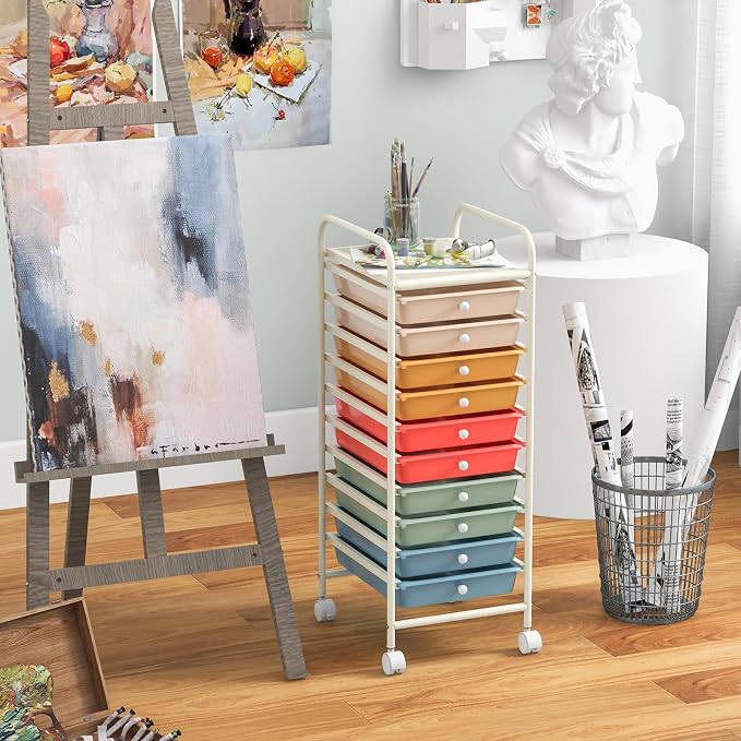 MEDIMALL 10 Drawers Rolling Storage Cart, Multipurpose Craft Storage Cart with Wheels, Mobile Tools Scrapbook Paper Organizer Cart for Office School Home Use
