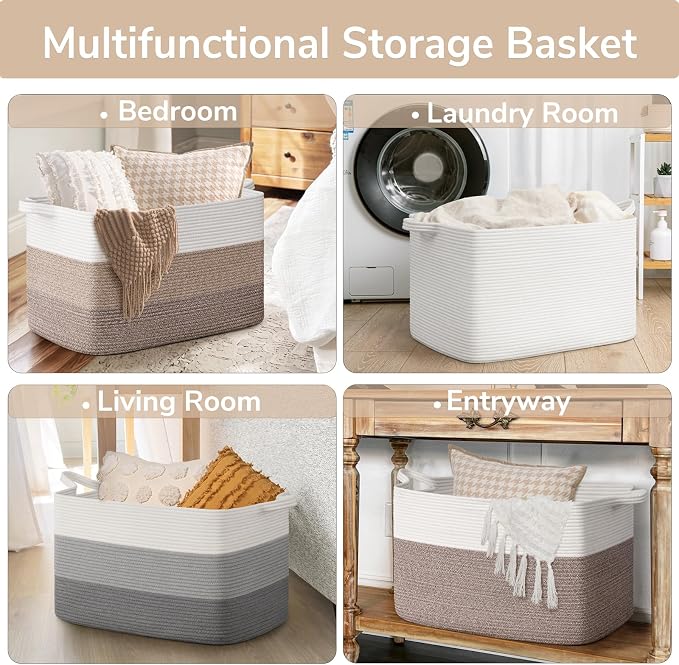 Goodpick 85L Large Woven Basket 23.6" x 15.7" x 13.8" Cotton Rope Storage Organizer for Blankets Dirty Clothes, Rectangle Toy Storage Basket for Nursery Home Decor, Brown