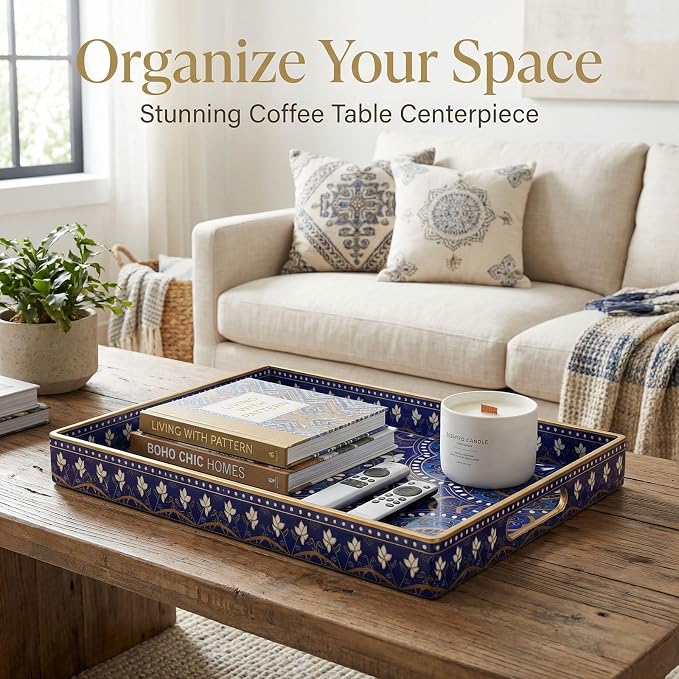 Decorative Serving Tray with Handles - 15.7" x 11.8" Blue Mandala Pattern Rectangular Plastic Platter - Boho Coffee Table Tray for Ottoman, Breakfast in Bed & Living Room Decor