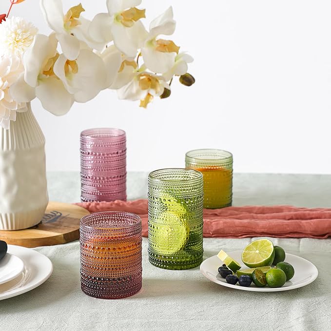 Moretoes Colored Hobnail Drinking Glasses Set of 12,Vintage Water Glass Cups Mixed Glassware, 6pcs 12oz Highballs and 6pcs 10oz Old Fashioned Glasses, Great for Cocktail, Whisky and Other Beverages