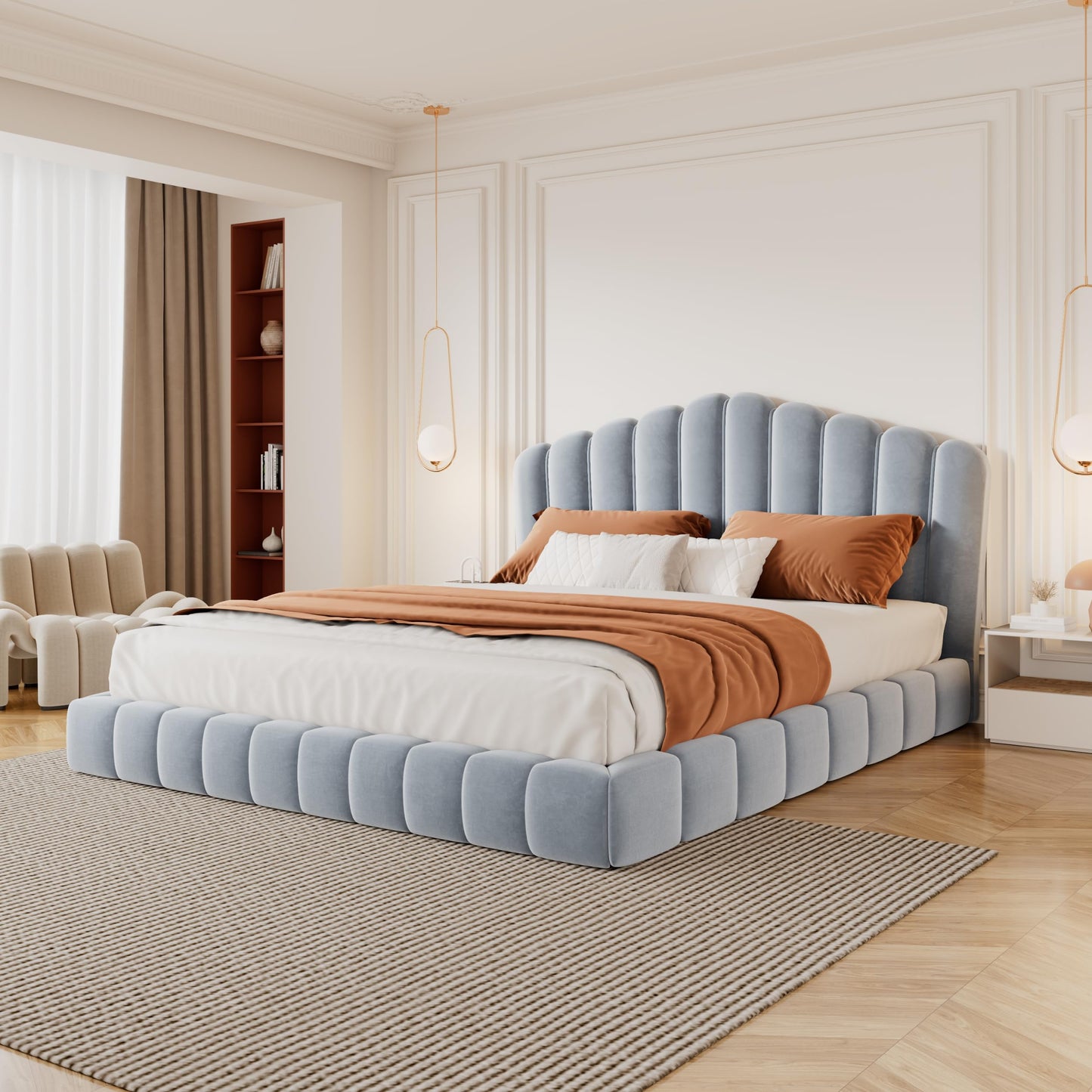 Merax Queen Size Floor Platform Bed Frame,Velvet Upholstered Bedframe with Shell-Shaped Headboard and Cushioning All Around Guards for Bedroom,No Box Spring Needed,Light Blue