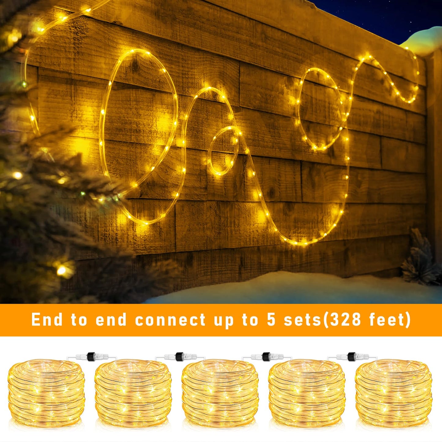 66FT 200 LED Rope Lights for Outside, Plug in Rope Lights Outdoor Waterproof with 8 Modes, Connectable Flexible Clear Tube Lights for Indoor Bedroom Patio Pool Camping Party Decorations, Warm White