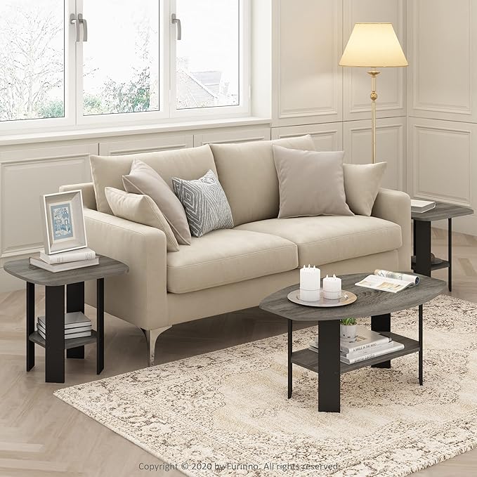 Furinno Simple Coffee Table, 2-Tier Small Coffee Table wih Open Shelf, Side Table, Tabletop with Soft Edges, for Living Room, Home Office, Grey Oak