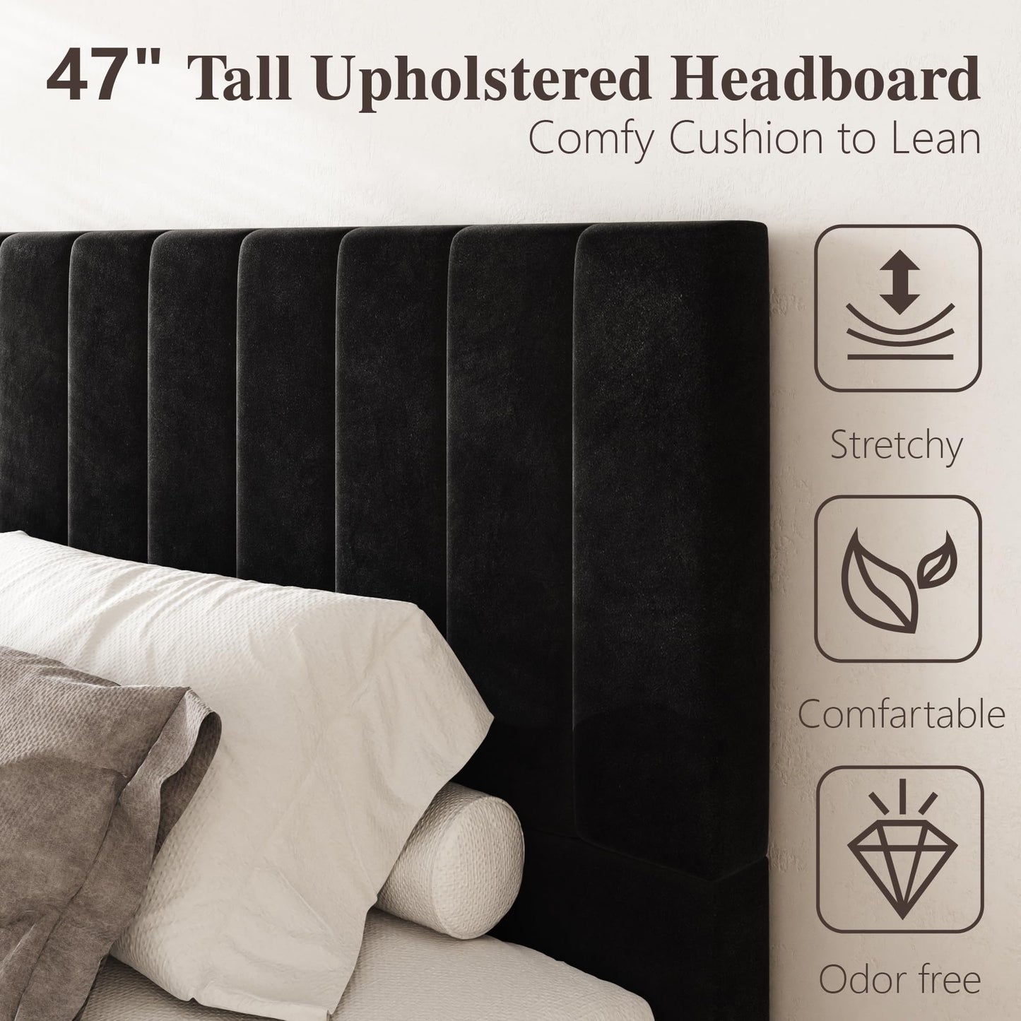 Sismplly Queen Size Cloud Bed Frame with 47" Tall Headboard, Velvet Upholstered Platform Bed with Thickened Sides & Footboard, Modern Floor-Standing Design, No Box Spring Needed, Easy Assembly, Black