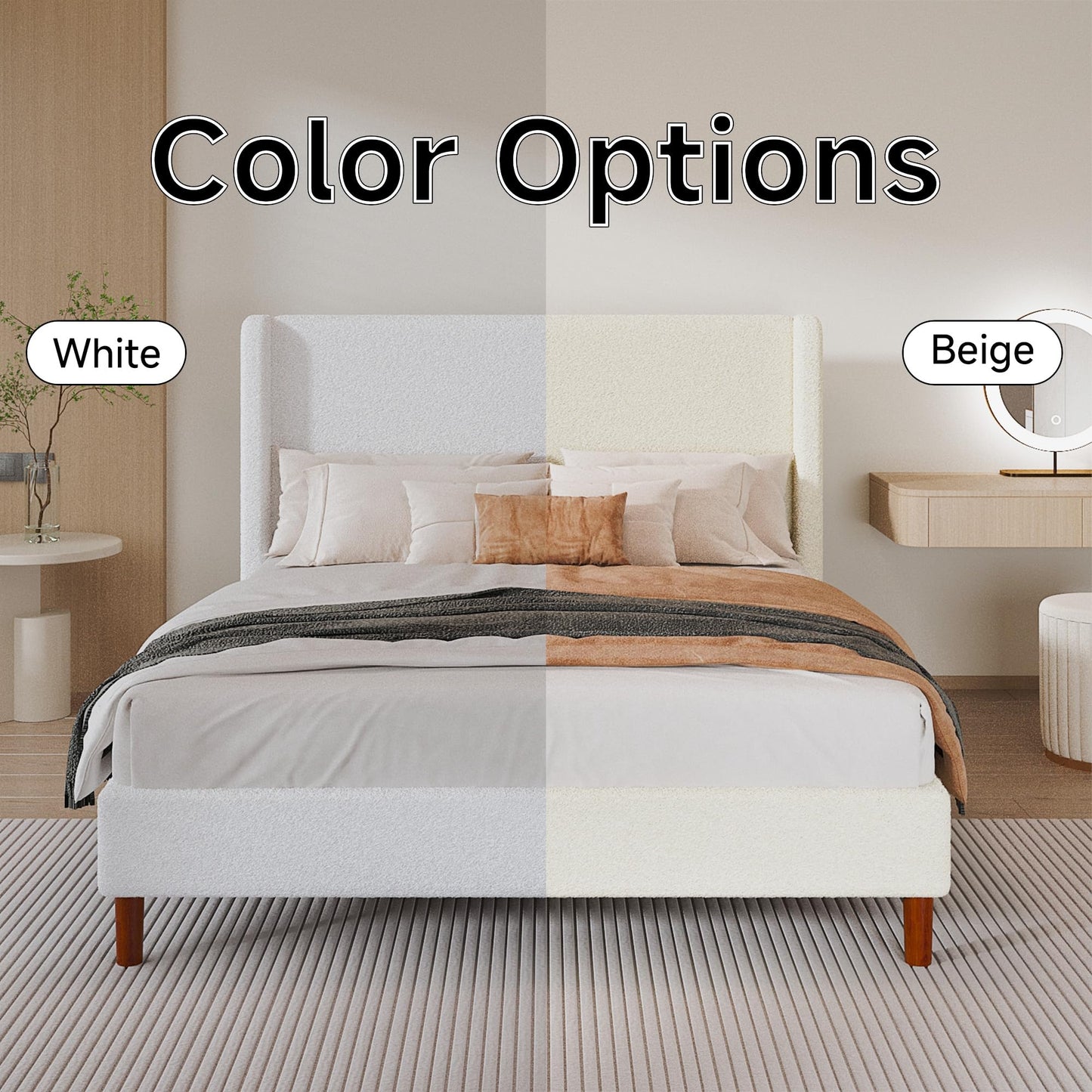 Mxhtcewz Queen Boucle Bed Frame, Platform Bed with Upholstered Wingback Headboard, Strong Wooden Slats Support, Noise-Free, Easy Assembly, No Box Spring Needed, White