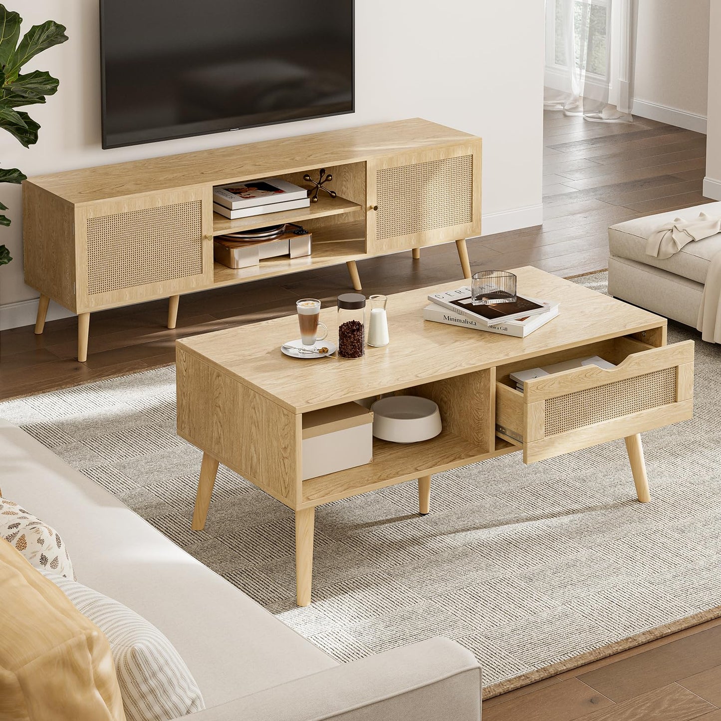 ZttRiee Coffee Table with Storage, Boho Dining Table with Rattan Drawer and Solid Wood Legs, Small Coffee Tables for Living Room, Oak