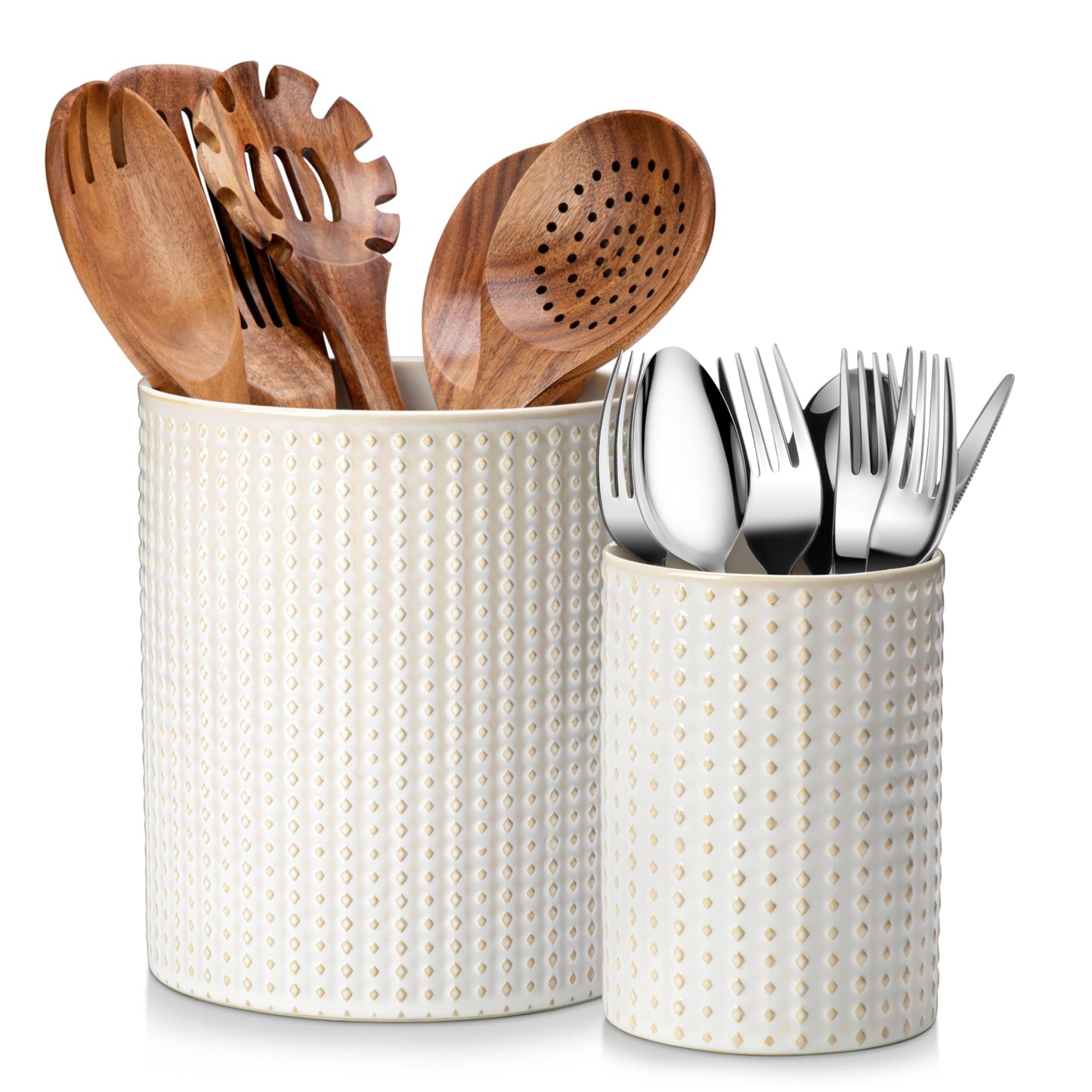 MALACASA LYDIA Ceramic Utensil Holders, 7.3"+5.5" Kitchen Utensil Crock Set for Countertop, Large & Small Utensil Organizers for Cooking Tools, Rhombus Pattern