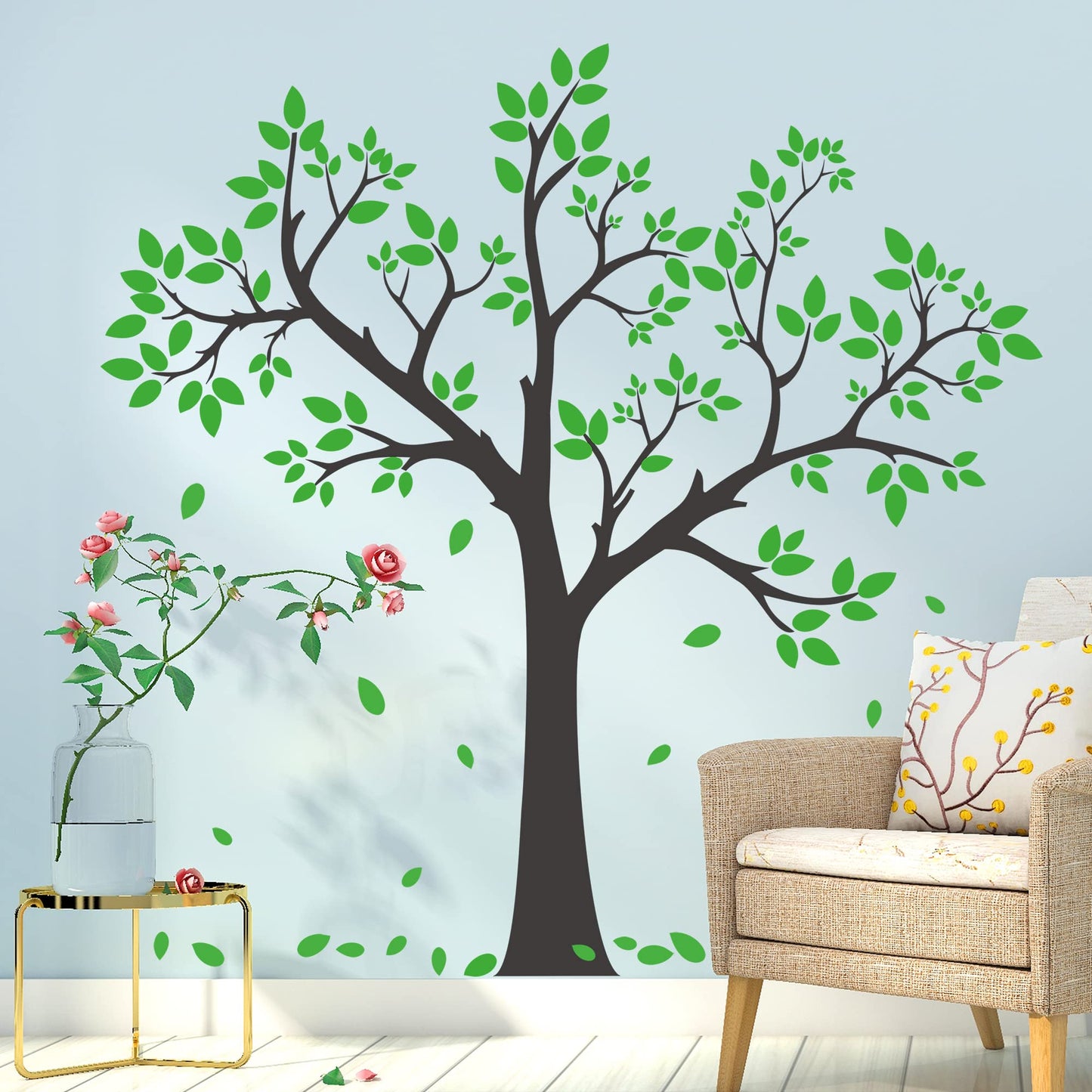 Buiory Giant Tree Wall Decal Removable Falling Green Leaves Wall Sticker DIY Peel and Stick Art Decor Black Tree Wall Sticker for Baby Kids Girls Bedroom Classroom Nursery Walls Background Decorations