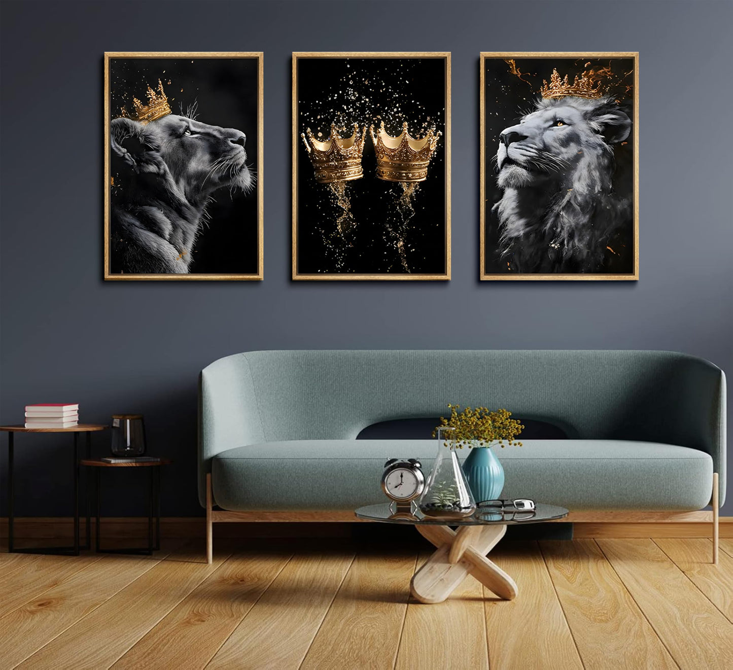 3 Pieces Lion Canvas Wall Art Golden crown with lion Poster print Modern Motivational Black And White Lion Pictures Wall Decor for Living room Office Decoration Unframed