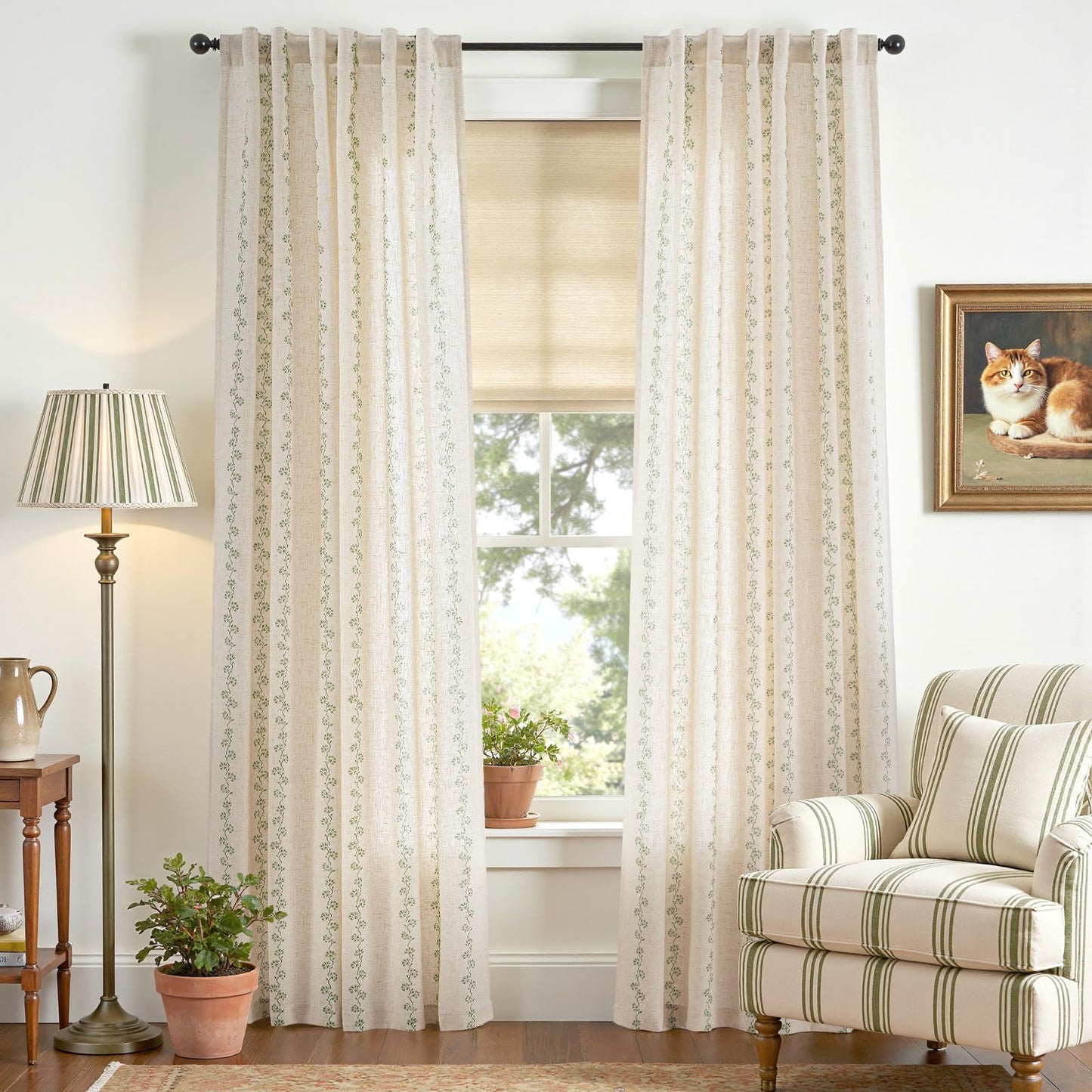 Lazzzy Cathy Linen Floral Curtains for Living Room 84 inch Length 2 Panels Set 7 ft Farmhouse Printed Curtains for Bedroom Spring Decor for Window W50 x L84 Sage Green on Linen