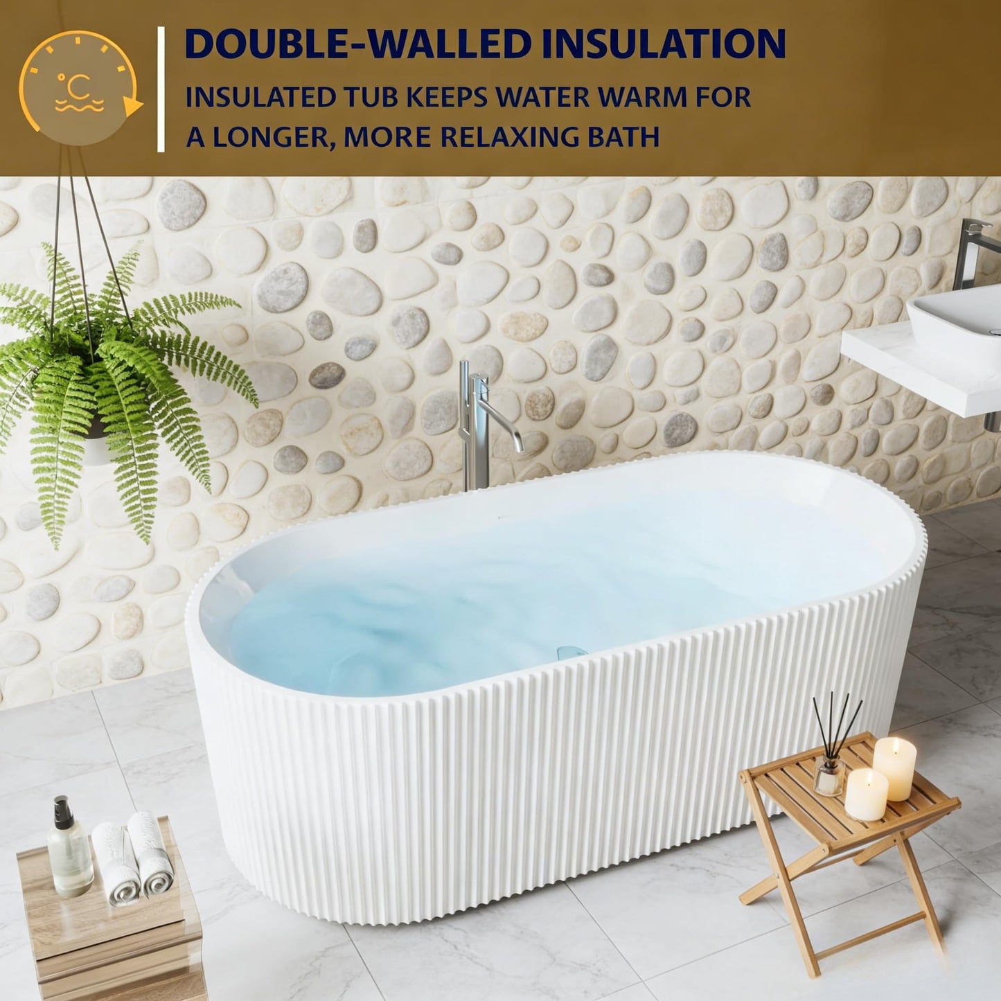 59" Free Standing Tub, Acrylic Soaking Bathtub, Stand Alone Freestanding Tub with Matte Sliver Drain and Overflow, Contemporary Bathtub for Bathroom, Pleated Gloss White