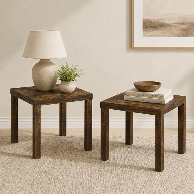 Furinno Classic Toolless Assembly Square Side Table Set of 2, Rustic Brown End Table with 1.8 Thick Tabletop, Night Stand, Bedside Table, for Living Room, Bedroom, Amber Oak