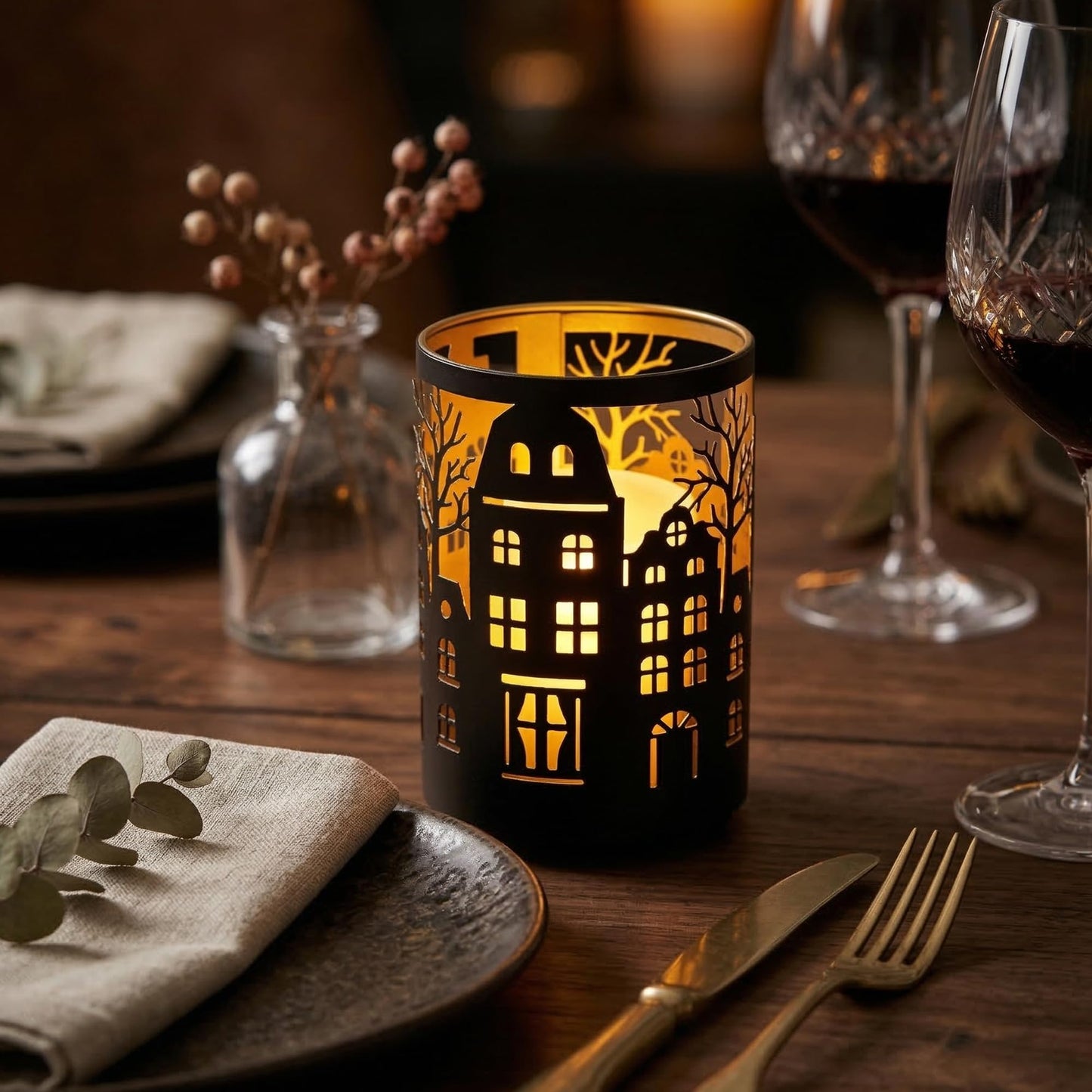 TRIROCKS Village Silhouette Candle Lantern 7.5" H Etched Bronze Metal Candle Holder Decorations for Living Room Tabletop Parties Patio Entryway Indoors Outdoors(3PCS)