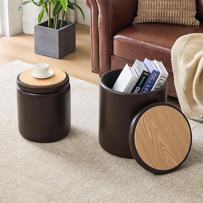 oakvivo Round Set of 2 14.76" L x 14.76" W x 17.32" H Faux Leather Ottoman with Storage, Small Foot Rest Storage Ottomen with Lid Living Room, Bedroom Vanity Stool Chair, Coffee