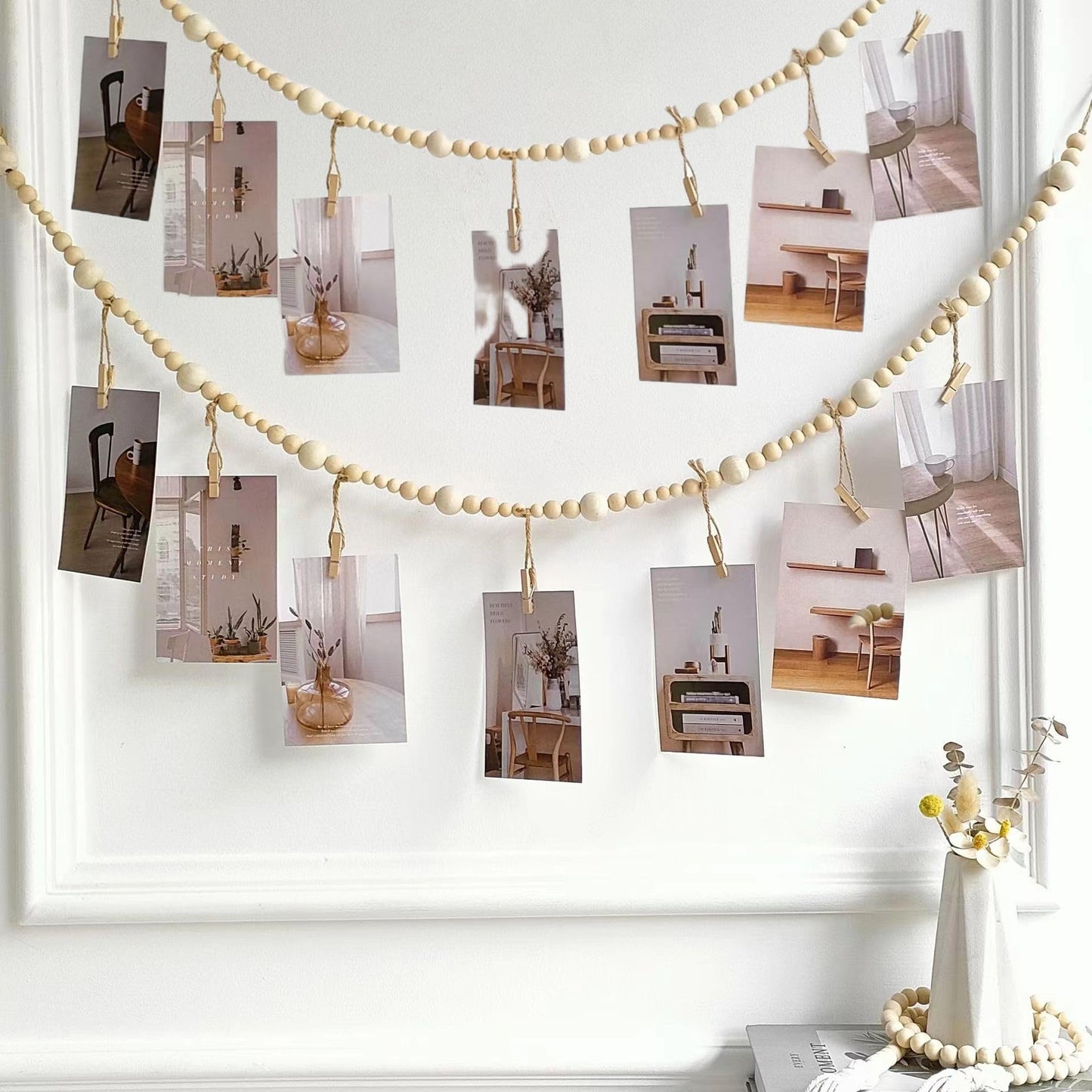 2PCS Hanging Photo Display Wall Decor,Boho Wooden Bead Garland Picture Hanging String with Clips for Dorm, Bedroom, Living Room, Office Cubicle Decor, Art Display Hangers for Artwork
