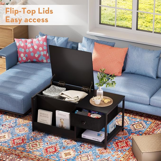 SINPAID Coffee Table with Storage, Rectangular Coffee Tables for Living Room, Modern Coffee Table with Hidden Storage Compartment and Adjustable Shelves, Black